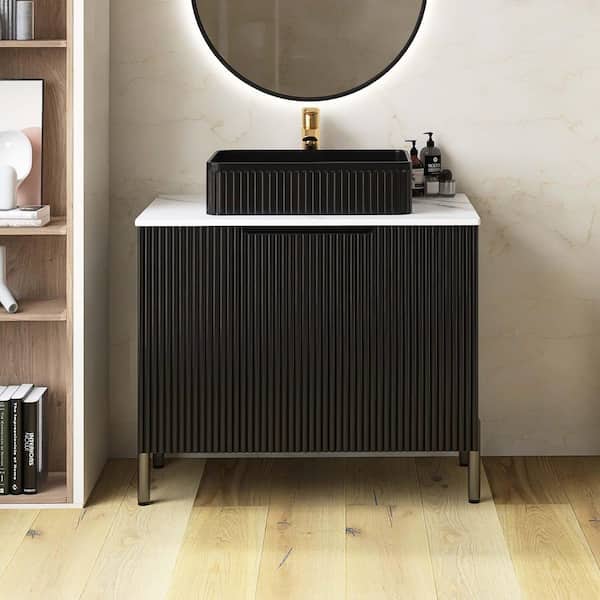 30 in. Freestanding Single Sink Black Bath Vanity with White Sintered Stone Top and Rectangular Ceramic Basin