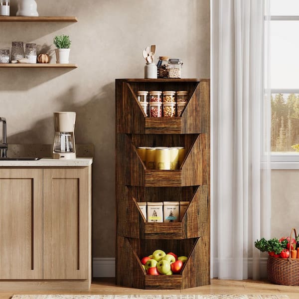 4-Tier Brown Wood Pantry Organizer, Fruit and Vegetable Storage Rack