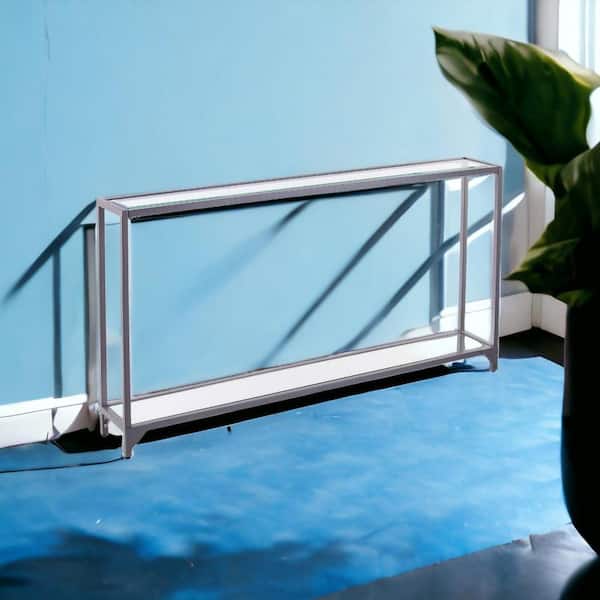 HomeRoots 61.3 in. Silver Rectangle Glass Console Table with Storage; Mirrored