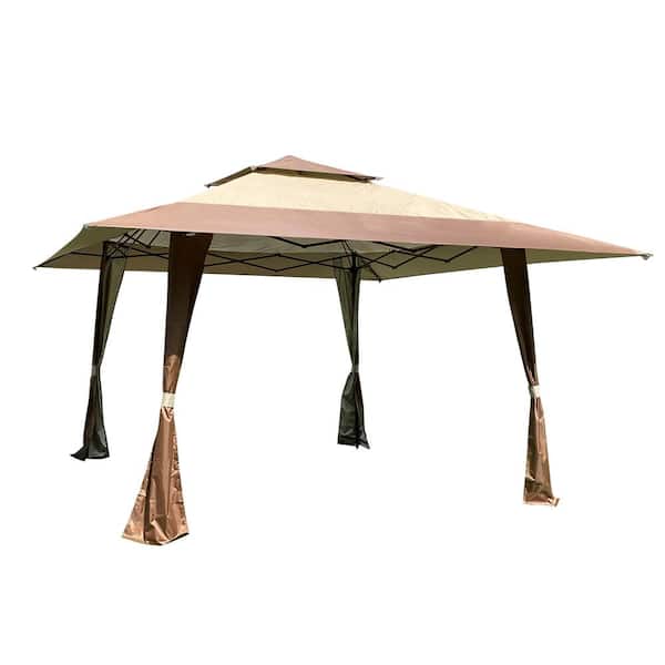 Tatayosi Outdoor 13 ft. L x 13 ft. L Brown Canopy Patio Pop-up Gazebo Canopy Tent With Corner Curtain