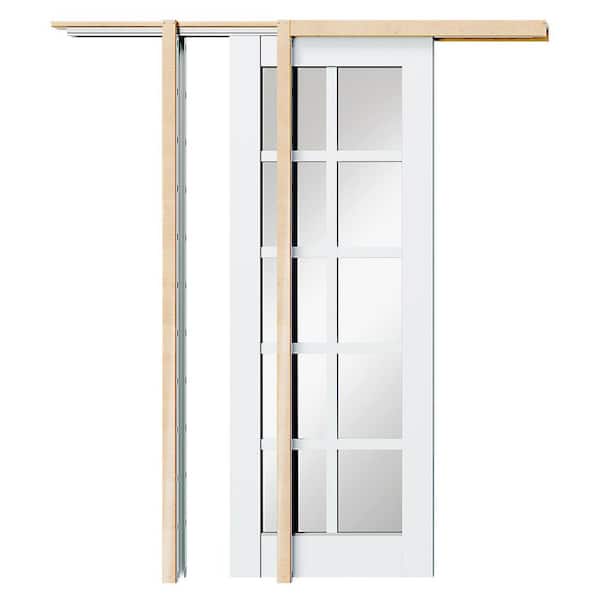 TENONER 56 in. x 80 in. 10 Lite, Mirrored Glass, Solid Core, DIY Painted, White Primed, MDF Sliding Door with All Hardware