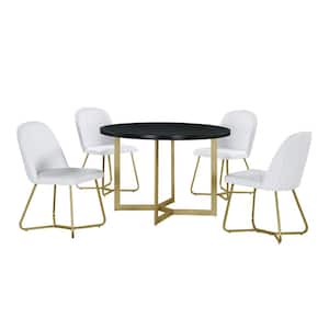 Daniela 5-Piece Circle Black Wooden Top Dining Set with White Faux Leather Chairs