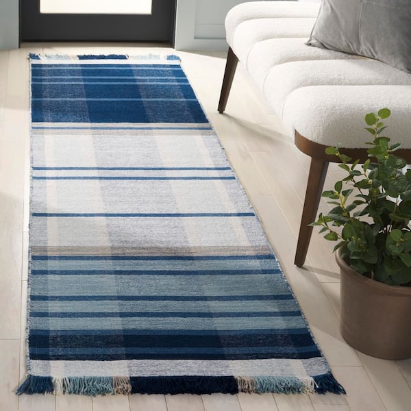 Striped Kilim 2 ft. x 8 ft. Blue/Beige Plaid Runner Rug