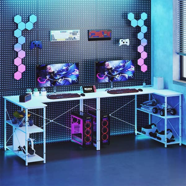 47 in. L-Shaped White Metal Frame Computer Desk with Power Outlets Adjustable shelf Heavy-Duty
