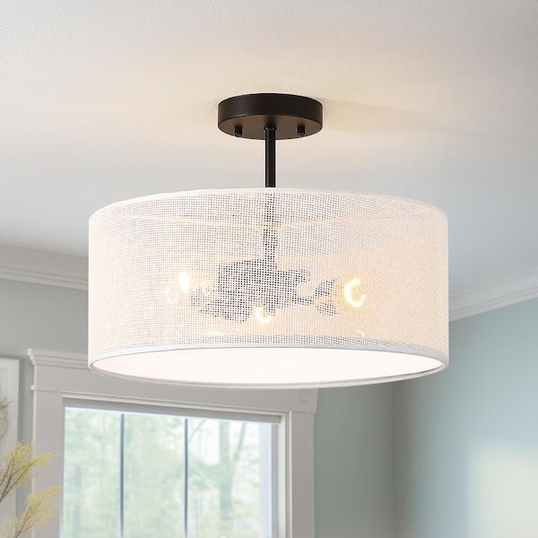 TRUE FINE Audrey 16 in. 3-Light Drum Semi-Flush Mount With Black Hardware