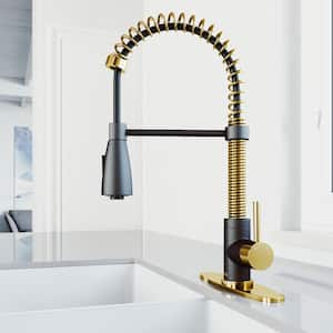 Brant Single Handle Pull-Down Sprayer Kitchen Faucet Set with Deck Plate in Matte Brushed Gold and Matte Black
