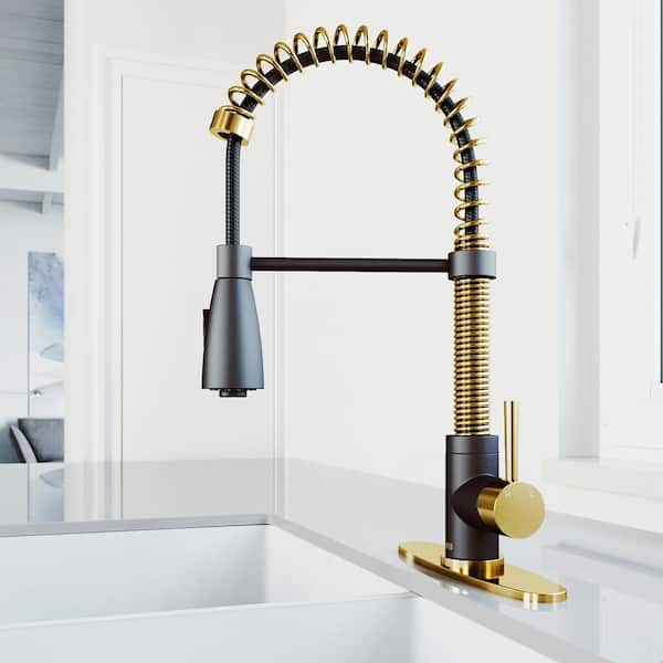 VIGO Brant Single Handle Pull-Down Sprayer Kitchen Faucet Set with Deck Plate in Matte Brushed Gold and Matte Black