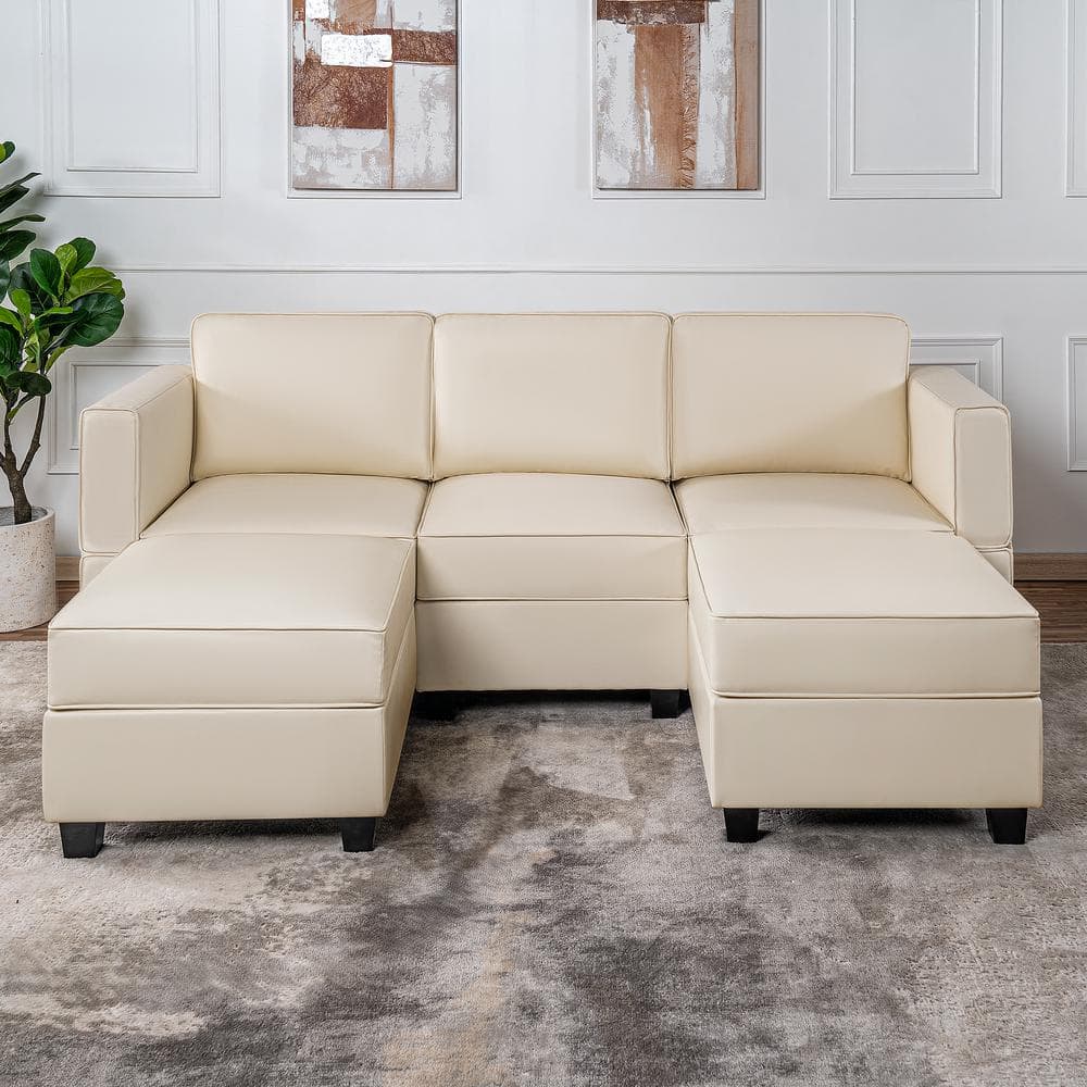 87.01 in. W Beige Faux Leather 1-Piece Sectional Sofa with Storage and Double Ottoman 3-Seater Living Room Suite -  MAYKOOSH, 50166MK