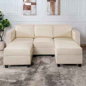 87.01 in. W Beige Faux Leather Sectional Sofa with Storage and Double Ottoman, 3 Seater Living Room Suite