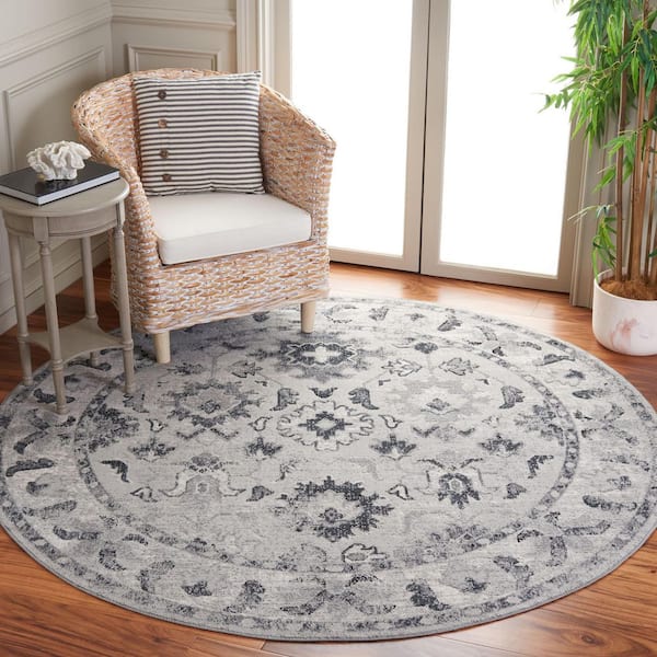 Odyssey 7 ft. x 7 ft. Gray/Black Floral Border Round Area Rug