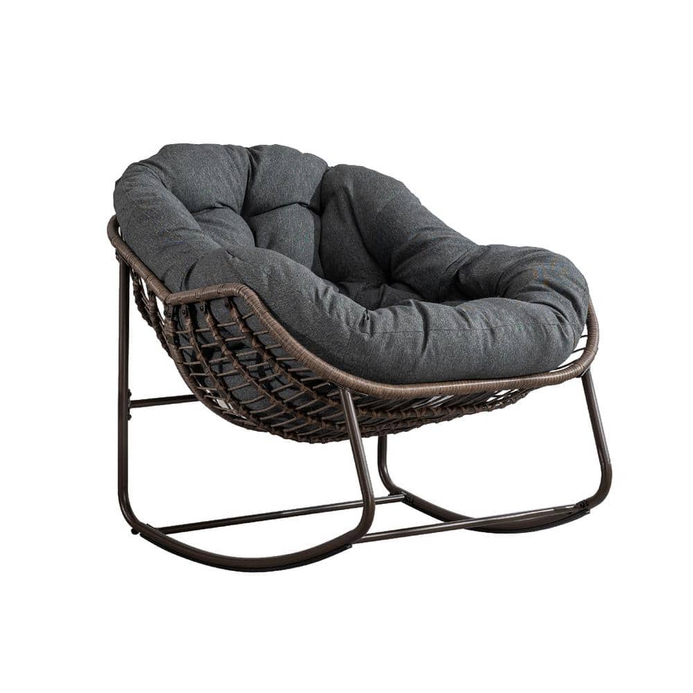 Wicker Indoor and Outdoor Rocking Chair with Gray Cushion for Front Porch, 