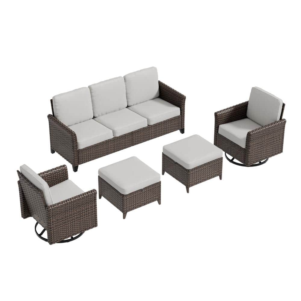 Patio Wicker Conversation Set Furniture Set 5 PCS w/ Ottoman, Swivel Chair & 3-Seat Sofa for Backyard Outdoor, Beige price history on PriceWatchPro