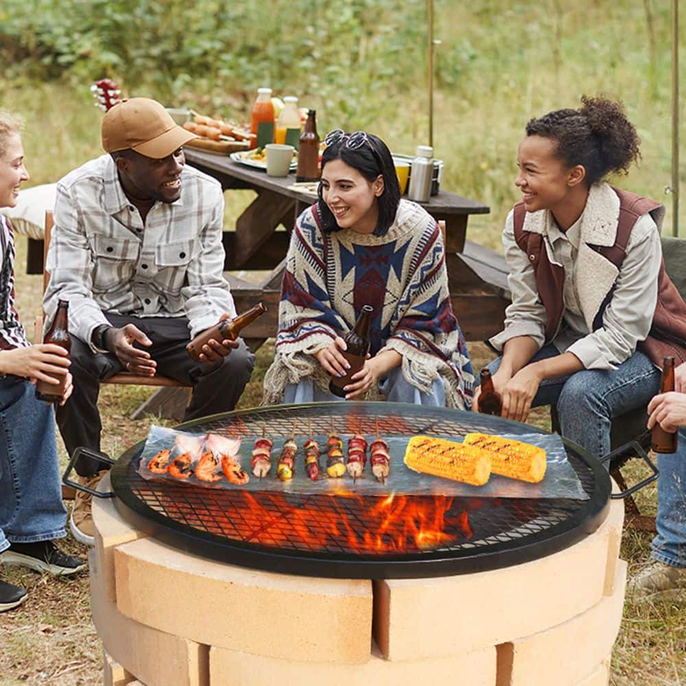 30 in. Fire Pit Grill Grate, Heavy Duty Steel BBQ Cooking Grid, Round Campfire Grate with X Wire and Handle
