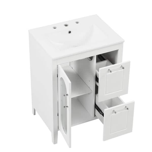 24 in W x 18.3 in. D x 33.2 in H Single Sink Freestanding White Bath Vanity with White Ceramic Top and Adjustable Shelf