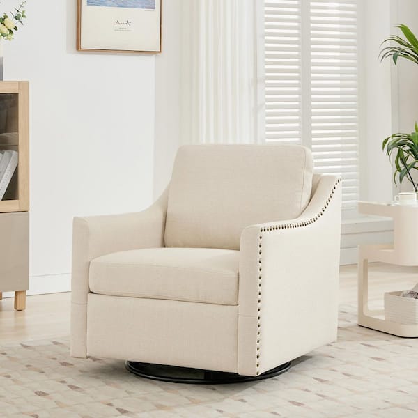 33.86 in. W Beige 360° Swivel Armchair Upholstered with Stylish Metal Trim for Living, Office, and Leisure Rooms
