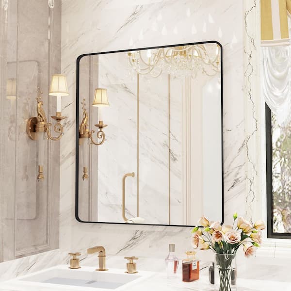 32 in. W x 36 in. H Premium Aluminum Framed Rectangular Bathroom Vanity Wall Mirror in Matte Black