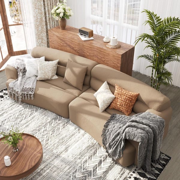110 in. Round Arm Fabric Curved Sofa with Deep Seats and 3 Throw Pillows in. Camel