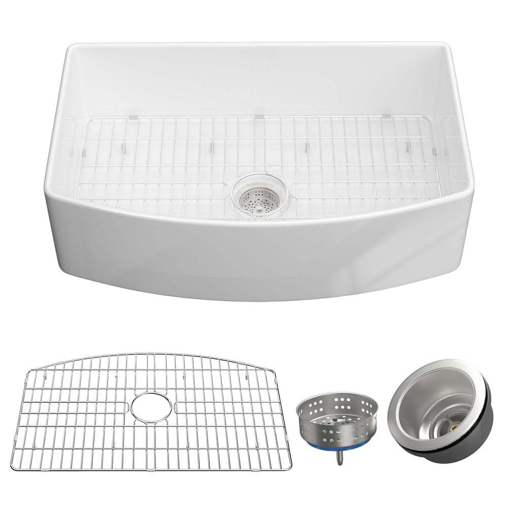 33 in. Drop-In Single Bowl White Fireclay Kitchen Sink with Bottom Grids an