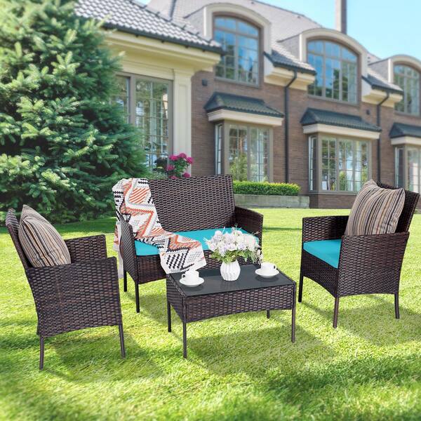 Tenleaf 4-Piece Wicker Patio Conversation Set with Light Blue Cushions ...