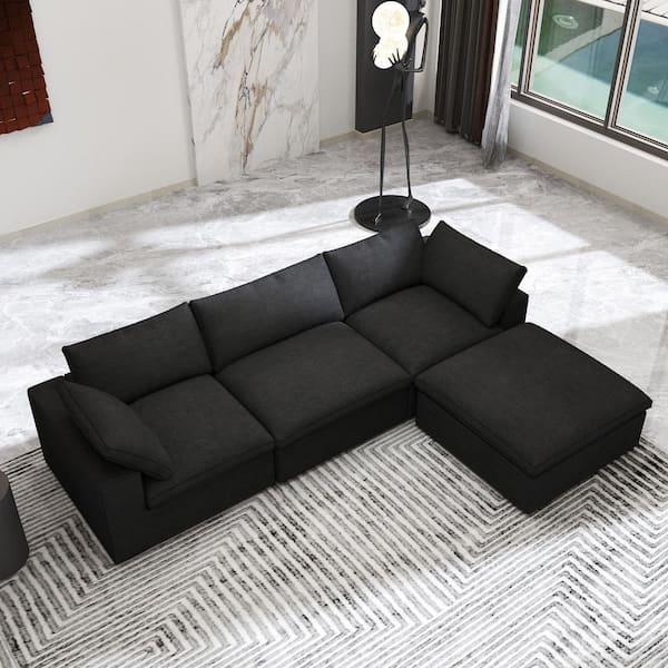 4-Piece Black Linen L Shaped Sectional Sofa Living Room Set with Removable Covers and Ottoman