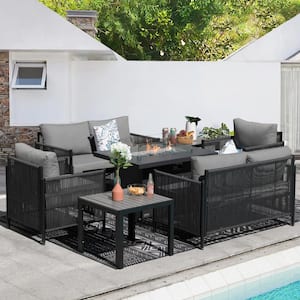 Modern Gray 7-Piece Metal Patio Fire Pit Deep Seating Sofa Set with 55,000 BTU Firepit Table