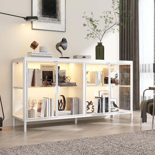 White Wood 55.1 in. W Glass Door Display Cabinets Sideboard With Lights