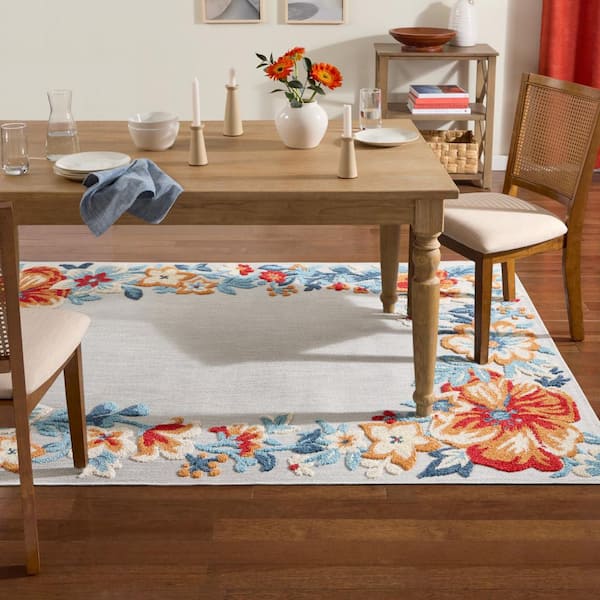 Hibiscus Bloom Bordered Grey/Red 5 ft. x 7 ft. Floral Modern Indoor/Outdoor Patio Area Rug