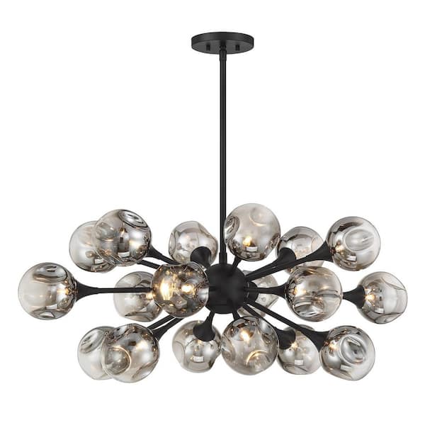 Savoy House Matisse 18-Light Matte Black Mid-Century Modern Contemporary Sputnik Chandelier with Gray Plated Glass Shades