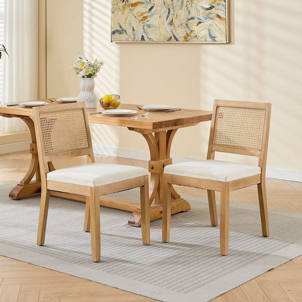 Mid Century Brown Fabric Dining Chairs Cane Upholstered Kitchen Side Chair with Natural Hardwood Frame (Set of 2)