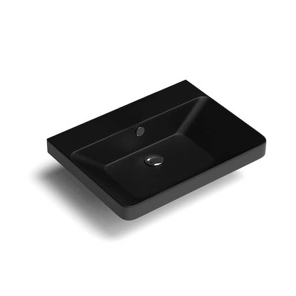 WS Bath Collections Luxury 60 Ceramic Rectangle Wall Mounted/Drop-In Sink With no faucet hole in Matte Black