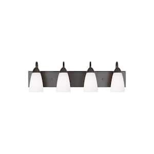 Seville 28 in. 4-Light Bronze Transitional Modern Wall Bathroom Vanity Light with White Etched Glass Shades