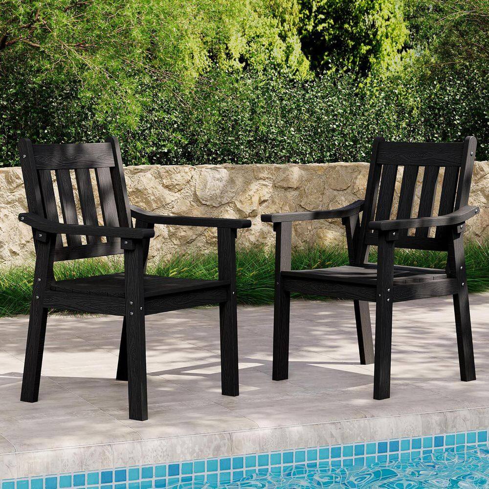 Mximu Black Plastic Outdoor Patio Dining Chairs with Armrest (Set
