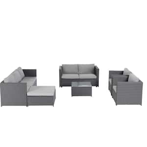 6-Piece Patio Conversation Wicker Outdoor Furniture Sectional Set with Light Gray Cushions