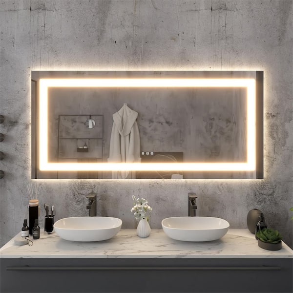 ONWITH 60 in. H x 28 in. W Rectangular Frameless LED Light Anti-Fog Wall Bathroom Vanity Mirror with Backlit and Front Light