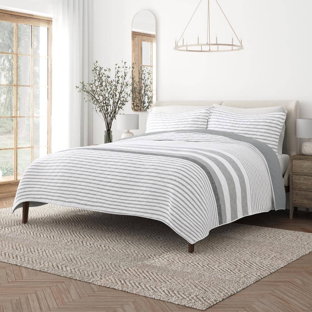 Light Gray Twin Reversible Microfiber Quilt Set with Stripes