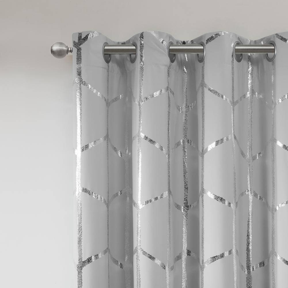 Grey/Silver Geometric Blackout Polyester Grommet Curtains, 50"x84" Set of 2
