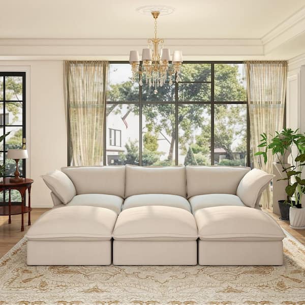 Magic Home 123 in. Flared Arm 6-Piece Down Filled Linen Cloud Modular Sofa Bed with Washable Cover, 3-Ottomans in. Beige