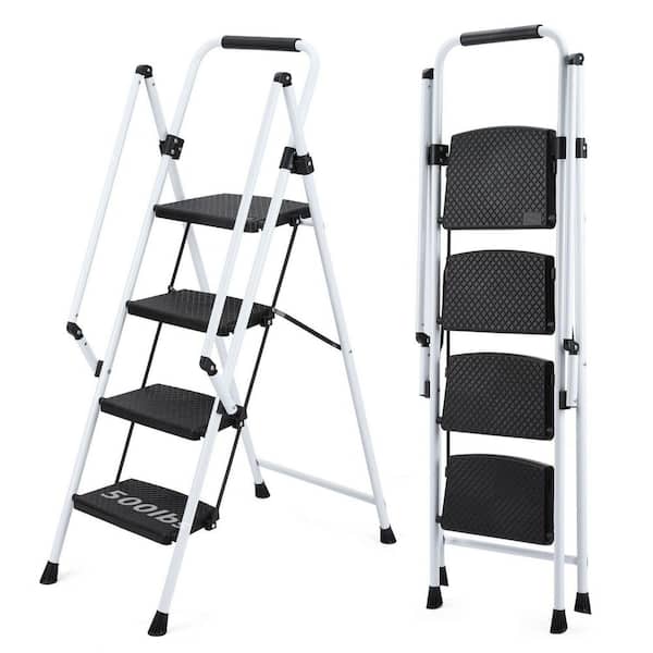 Light Folding 4-Step Ladder Multi-Purpose Step Stool with Wide Anti-Slip Pedal and Safety Handle, White