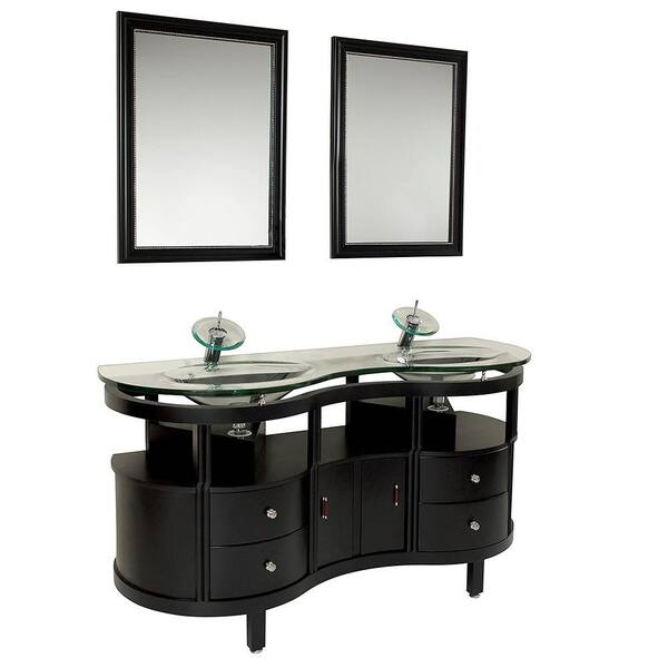 Fresca Unico 63 in. Vanity in Espresso with Glass Vanity Top in Clear with Clear Basins and Mirrors