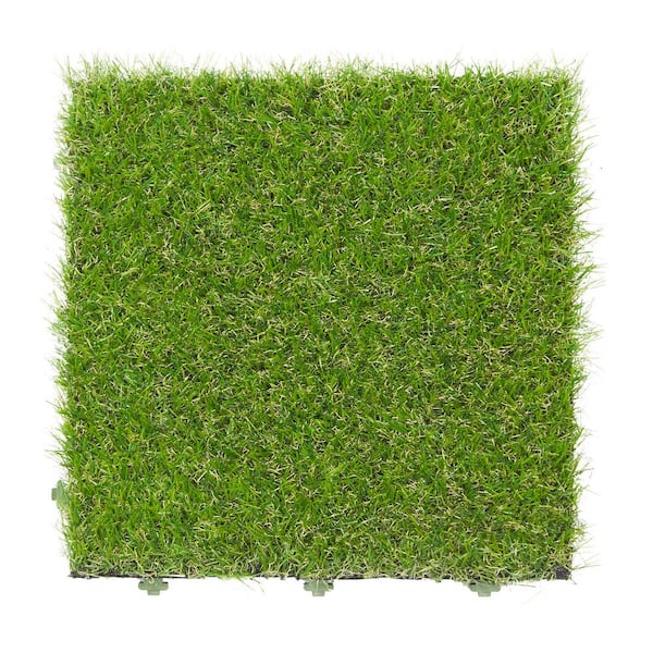 Ottomanson Evergreen 12 in. x 12 in. Green Artificial Turf Interlocking Grass Tiles (6-Pack)