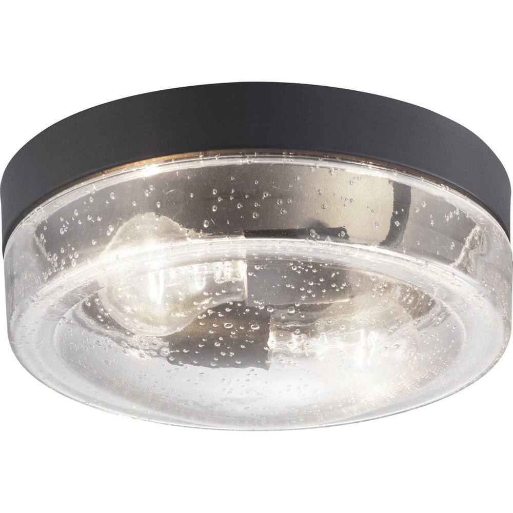Weldon Collection 2-Light Textured Black Clear Seeded Glass Farmhouse Outdoor Ceiling Flush Mount Light price history on PriceWatchPro