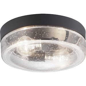 Weldon Collection 2-Light Textured Black Clear Seeded Glass Farmhouse Outdoor Ceiling Flush Mount Light