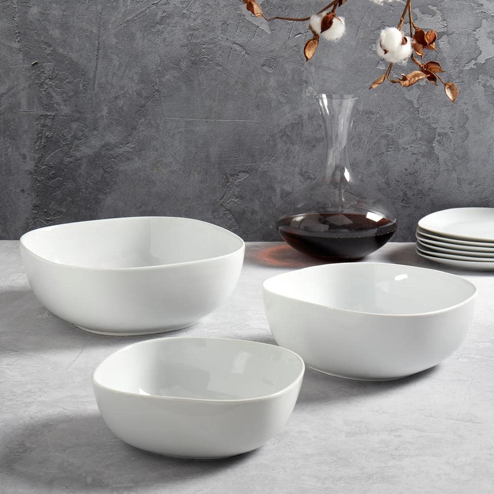 White Ceramic Microwave Safe Serving Bowl Set, 3 Piece