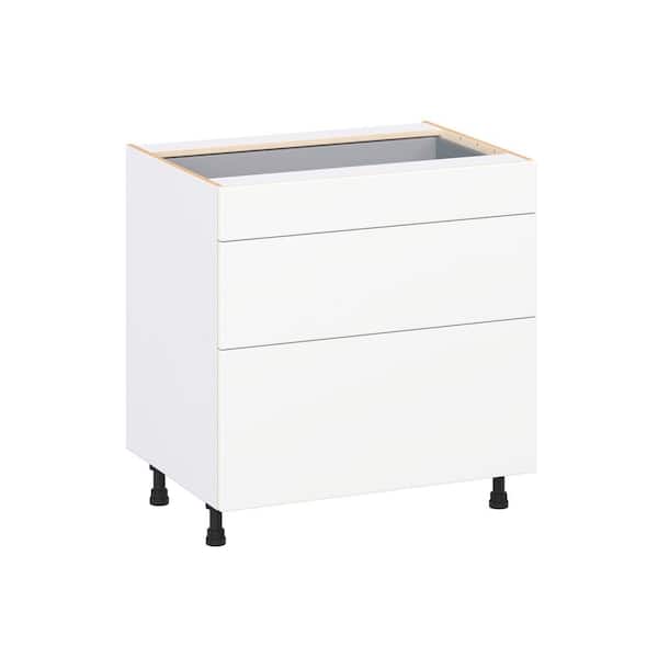 J COLLECTION Timberline 33 in. W x 24 in. D x 34.5 in. H Assembled Slab Drawer Base Kitchen Cabinet in Bright White with 3-Drawers