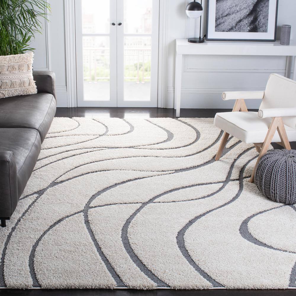 Sculpted Cream & Grey Abstract Shag Rug 8' x 10'