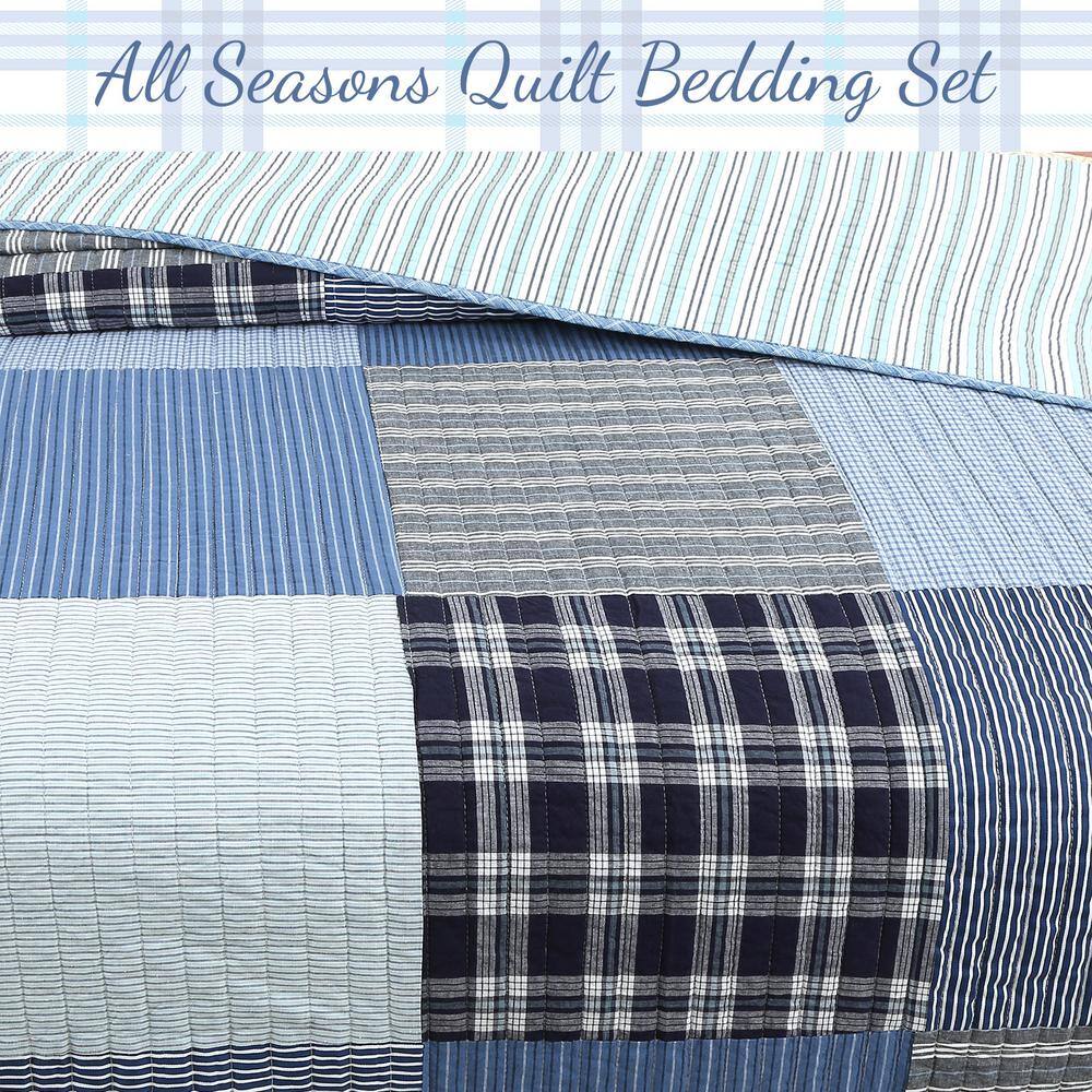 Twin Blue Cotton Reversible Patchwork Quilt Bedding Set