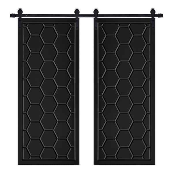 AIOPOP HOME Modern Framed Honeycomb Designed 48 in. x 80 in. MDF Panel Black Painted Double Sliding Barn Door with Hardware Kit