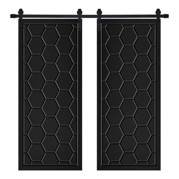 AIOPOP HOME Modern Framed Honeycomb Designed 48 in. x 84 in. MDF Panel Black Painted Double Sliding Barn Door with Hardware Kit