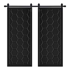 Modern Framed Honeycomb Designed 56 in. x 80 in. MDF Panel Black Painted Double Sliding Barn Door with Hardware Kit