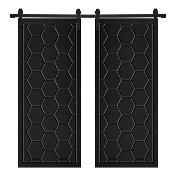 AIOPOP HOME Modern Framed Honeycomb Designed 56 in. x 84 in. MDF Panel Black Painted Double Sliding Barn Door with Hardware Kit